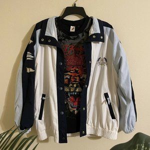 Vintage IZZI Medium Jacket White/Blue Embroidered Sleeves/Chest Anchor Flag